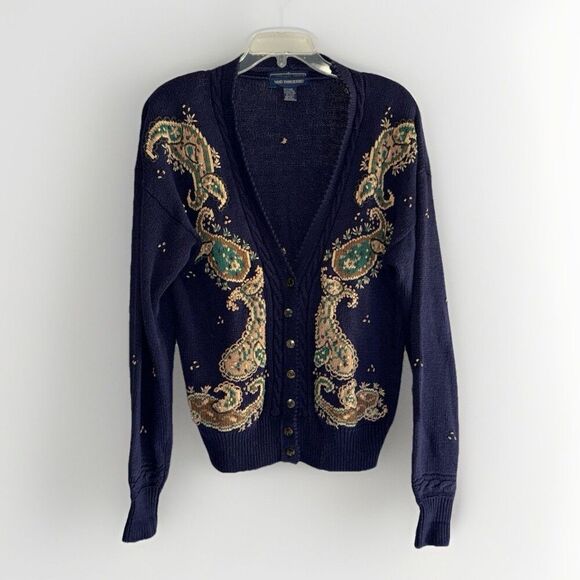 Vtg Herman Geist Embroidered Sweater Cardigan Cotton Linen Granny Cottage Medium - Picture 1 of 15